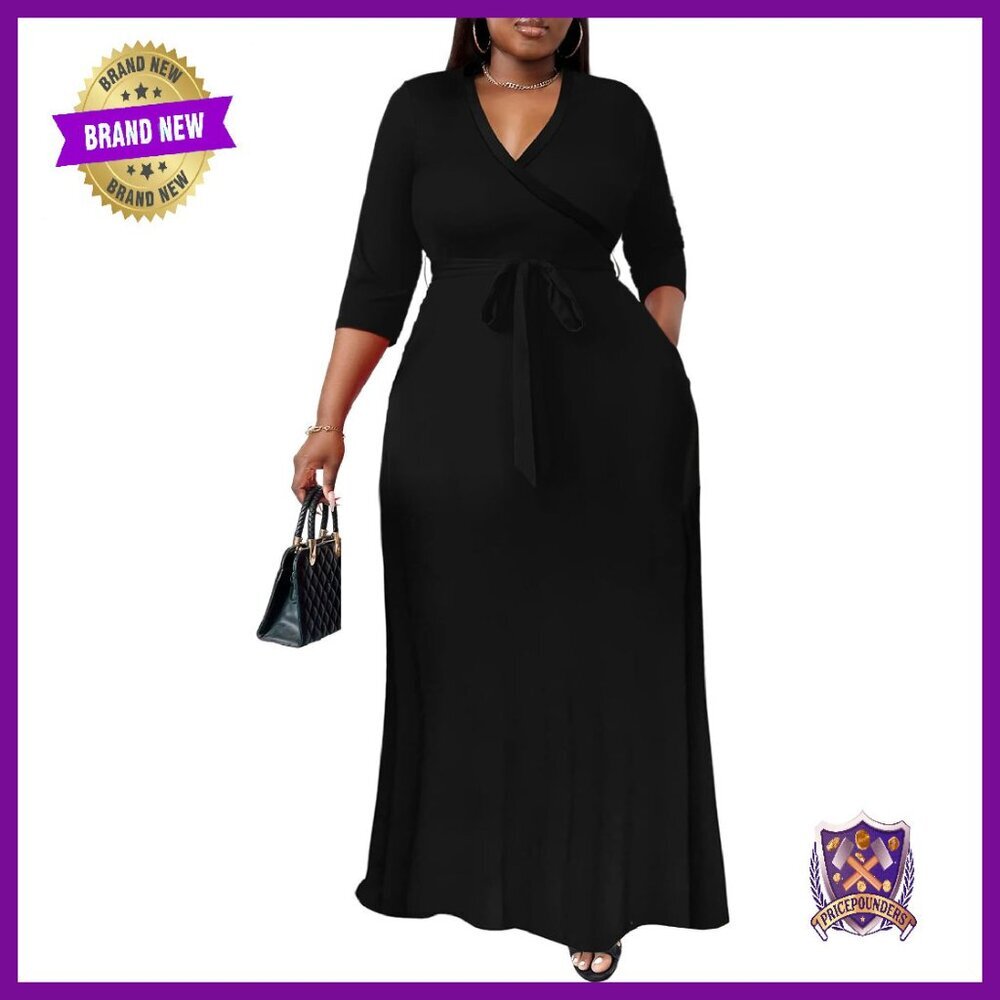 Plus Size Maxi Dress 3/4 Sleeve Flowy Long with Belt XL-6XL